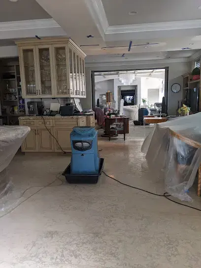 Dehumidifier and plastic containment in an open Costa Mesa kitchen and family room