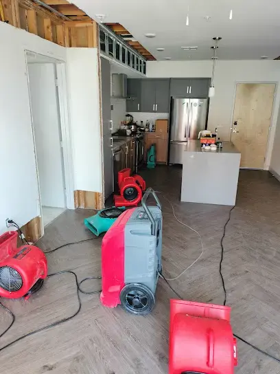 Dehumidifiers and air movers running in an open Newport Beach kitchen with the cabinets removed