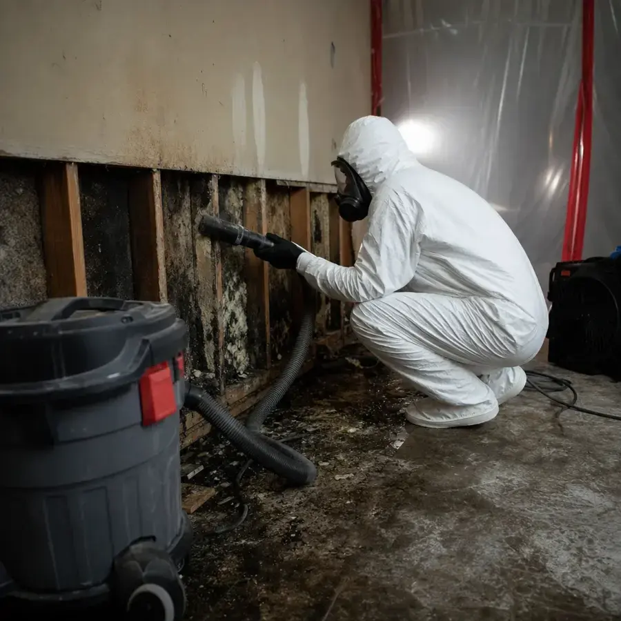 Technician in a protective suit and respirator working on an opened wall after a sewage backup