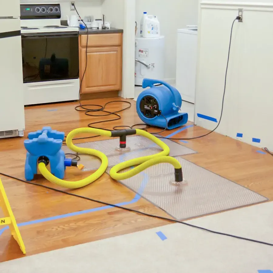 Hardwood drying mats, yellow hoses and air movers running on a kitchen floor